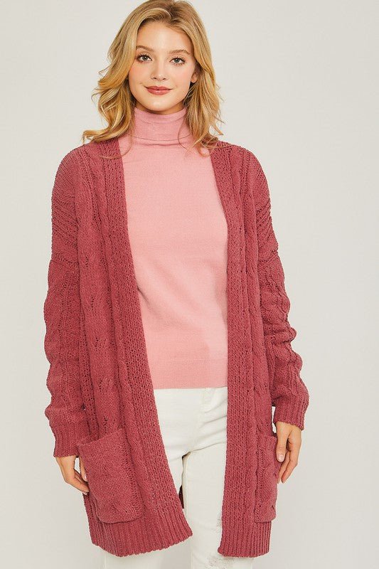 Chenille Cable Knit Oversized Open Front Cardigan - Guy Christopher