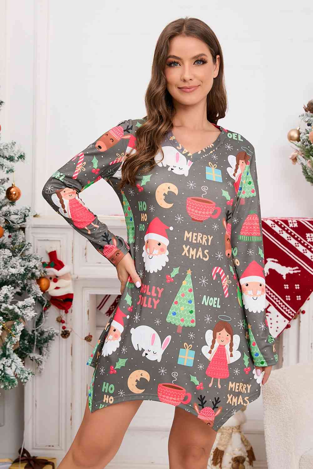 Christmas Element V-Neck Long Sleeve Mini Dress - Guy Christopher