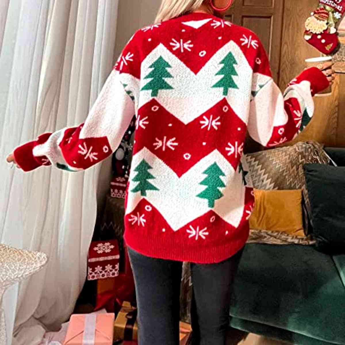 Christmas Tree Print Round Neck Sweater - Guy Christopher
