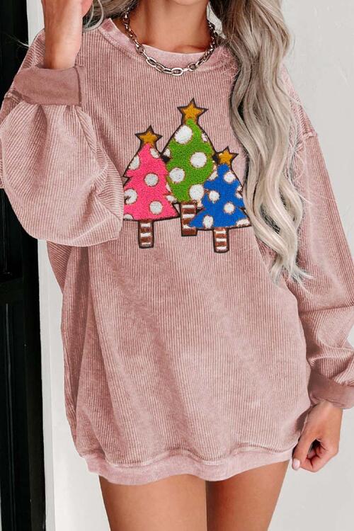 Christmas Tree Round Neck Drop Shoulder Sweatshirt - Guy Christopher