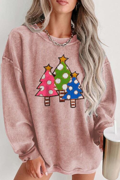 Christmas Tree Round Neck Drop Shoulder Sweatshirt - Guy Christopher