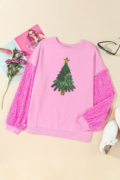 Christmas Tree Sequin Round Neck Sweatshirt - Guy Christopher