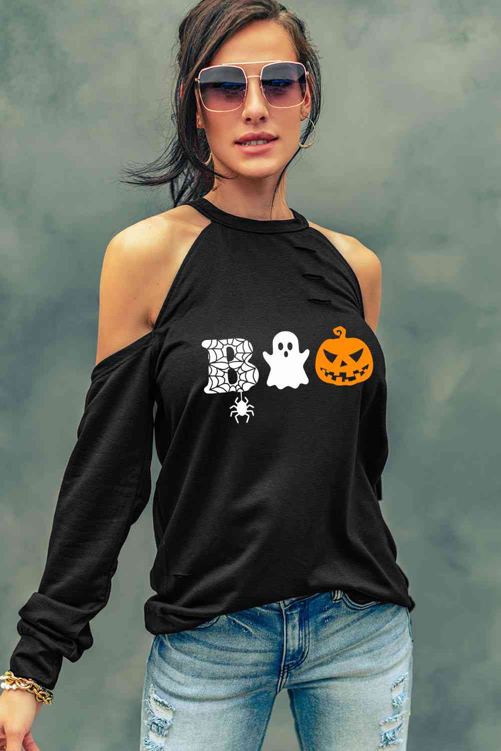 Cold Shoulder Boo Graphic Distressed Blouse - Guy Christopher