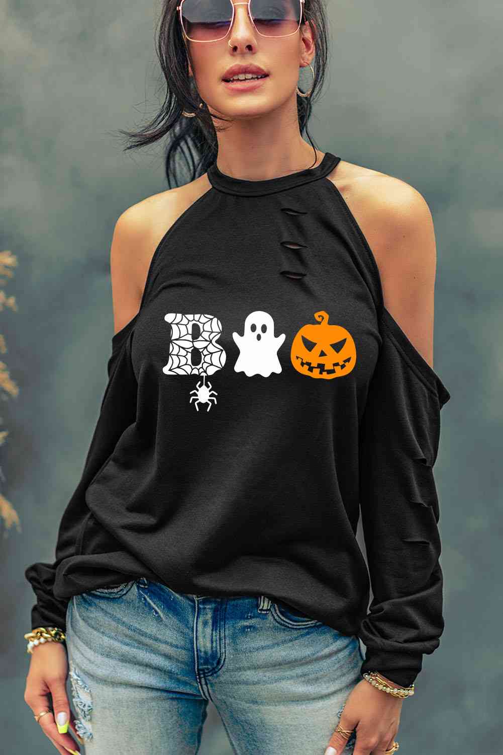 Cold Shoulder Boo Graphic Distressed Blouse - Guy Christopher