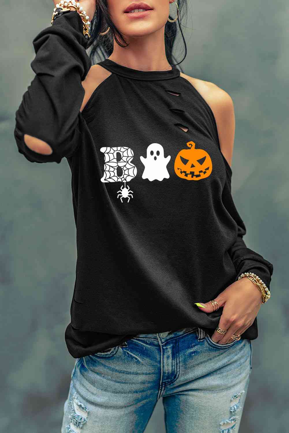 Cold Shoulder Boo Graphic Distressed Blouse - Guy Christopher