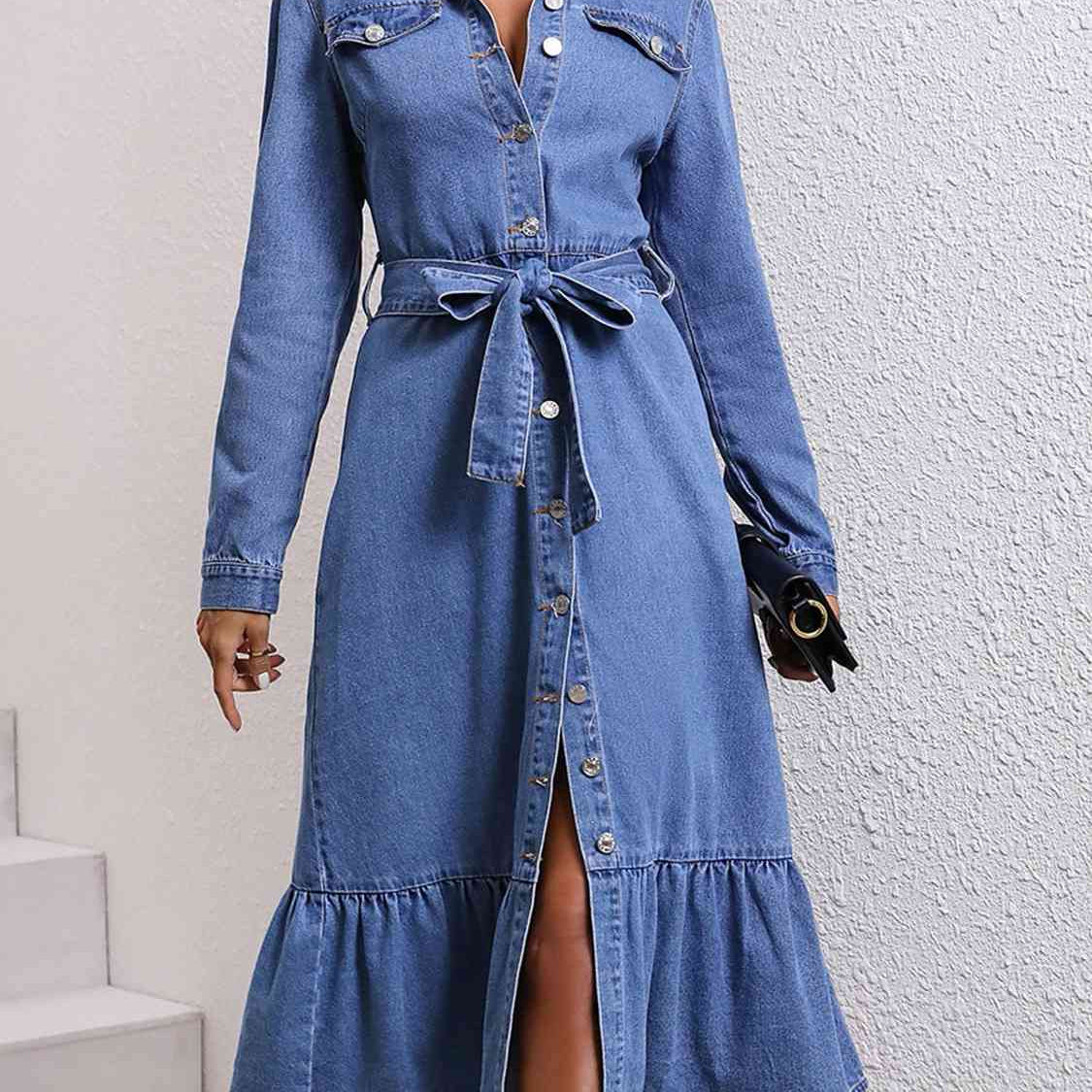 Collared Neck Button Down Denim Dress - Guy Christopher