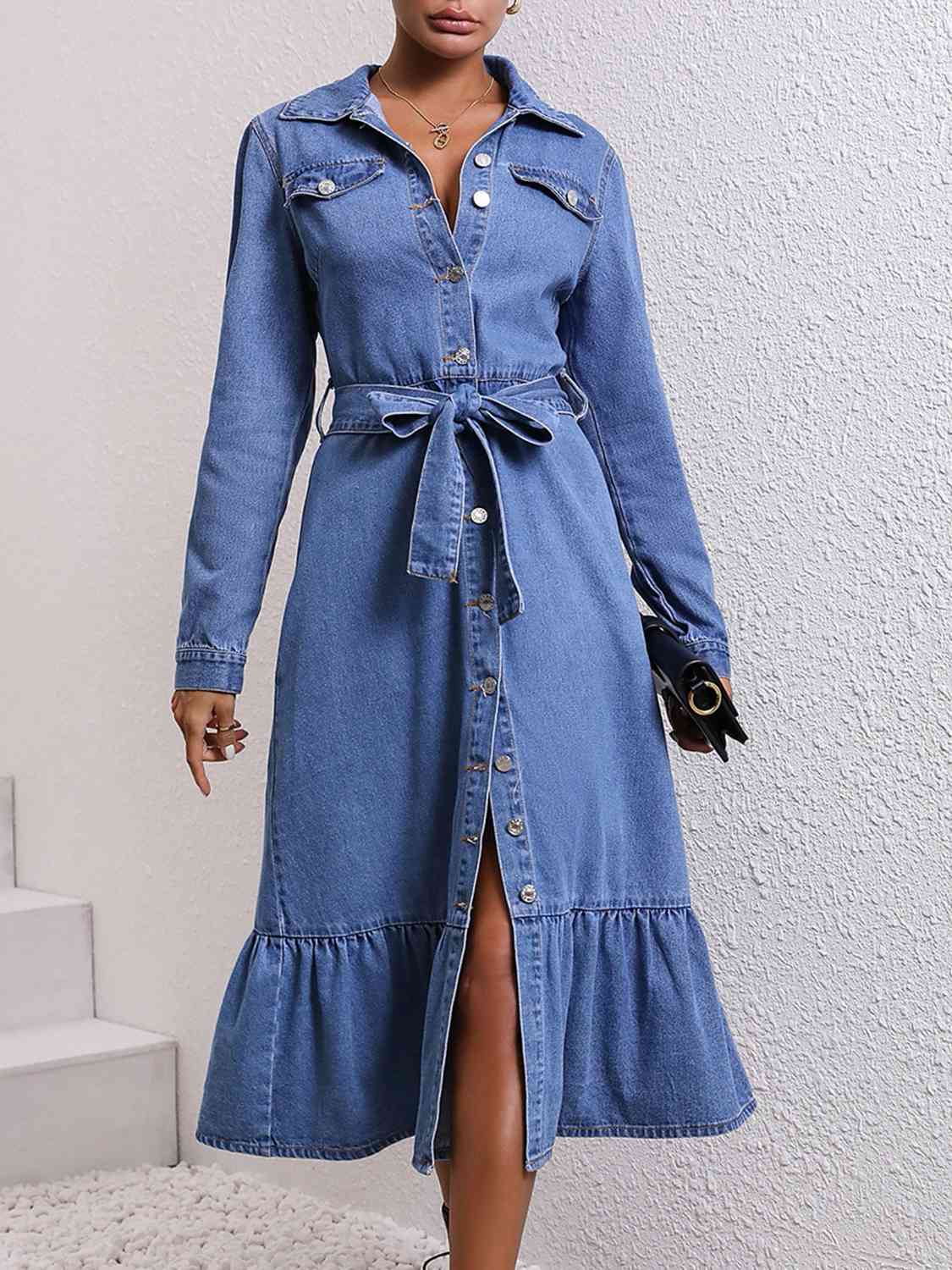 Collared Neck Button Down Denim Dress - Guy Christopher