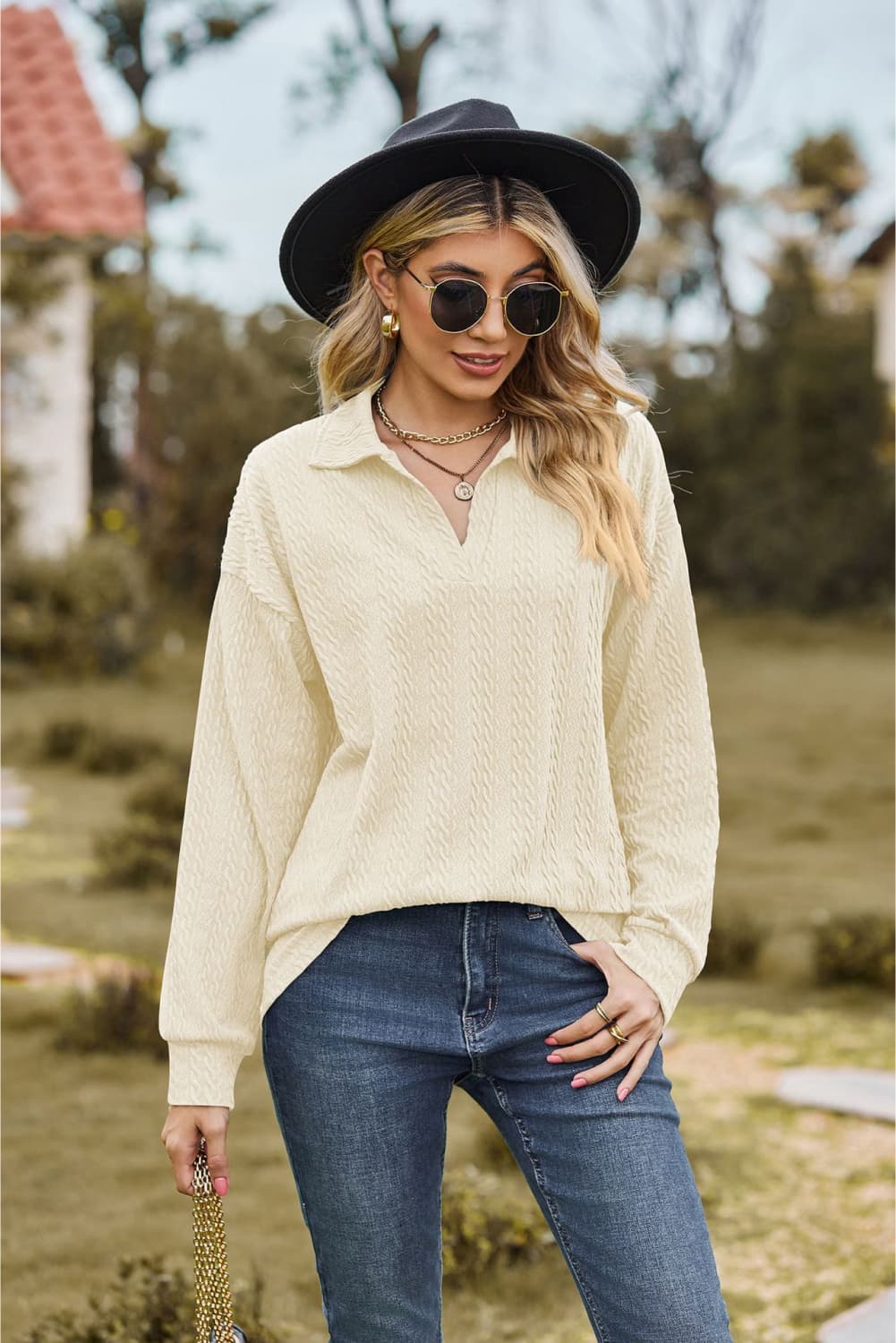 Collared Neck Cable-Knit Long Sleeve Blouse - Guy Christopher