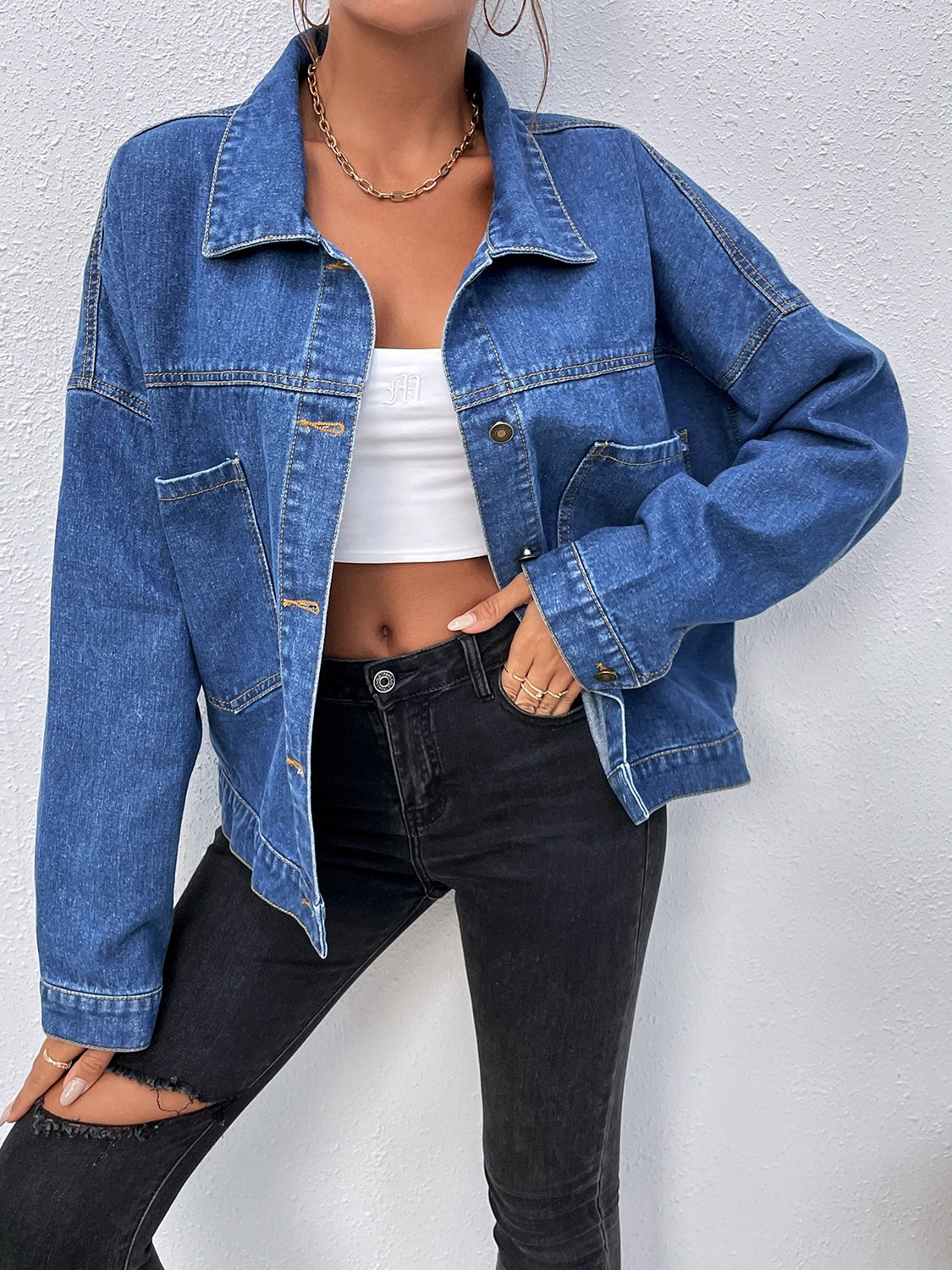 Collared Neck Dropped Shoulder Denim Jacket - Guy Christopher