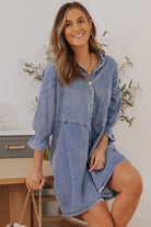 Collared Neck Flounce Sleeve Denim Mini Dress - Guy Christopher