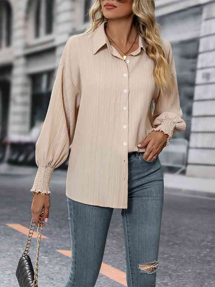 Collared Neck Long Sleeve Button-Up Blouse - Guy Christopher