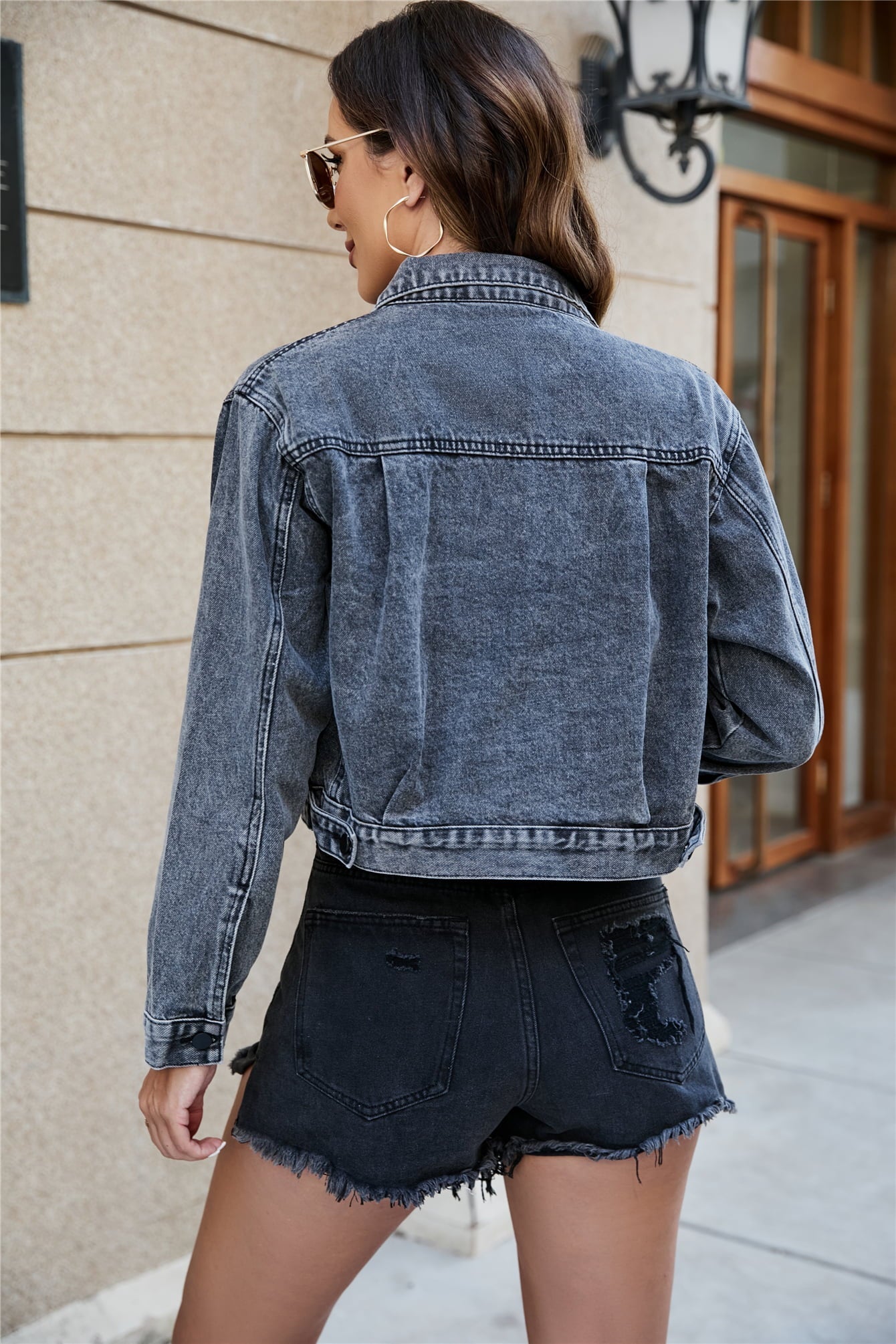 Collared Neck Long Sleeve Cropped Denim Jacket - Guy Christopher