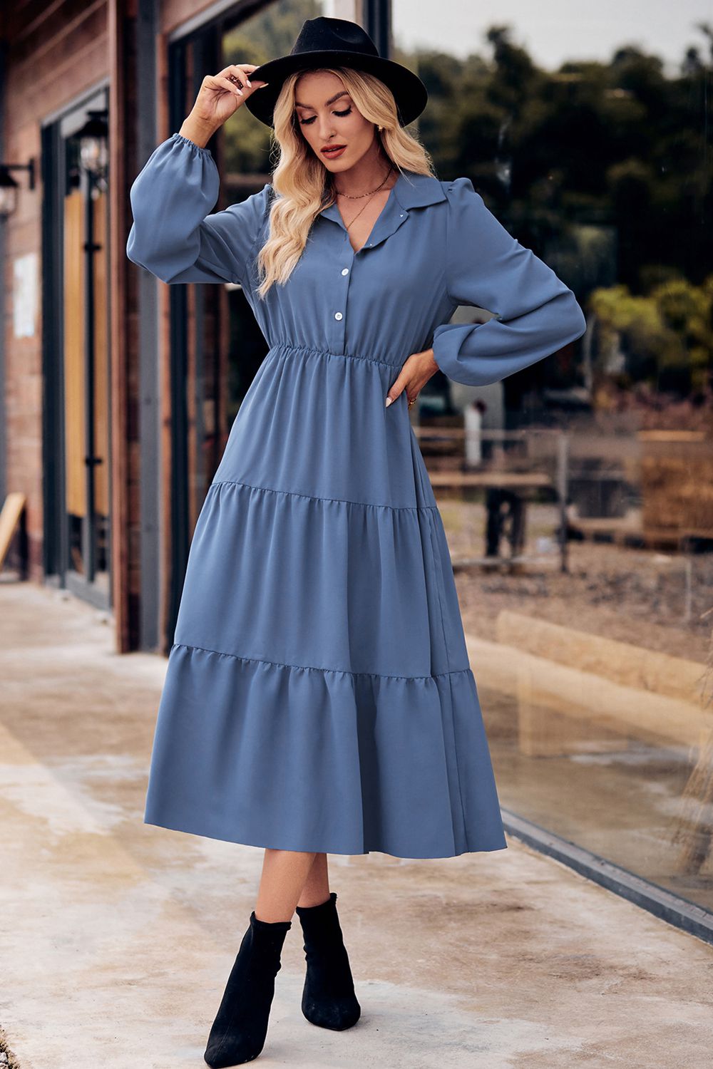 Collared Neck Long Sleeve Midi Dress - Guy Christopher