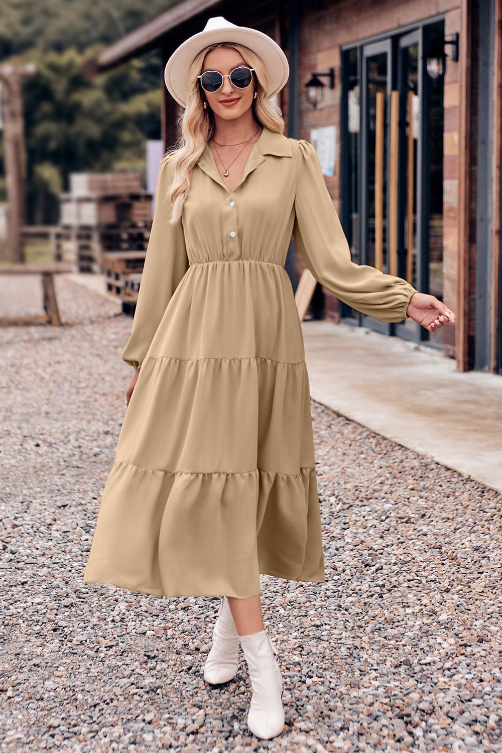 Collared Neck Long Sleeve Midi Dress - Guy Christopher