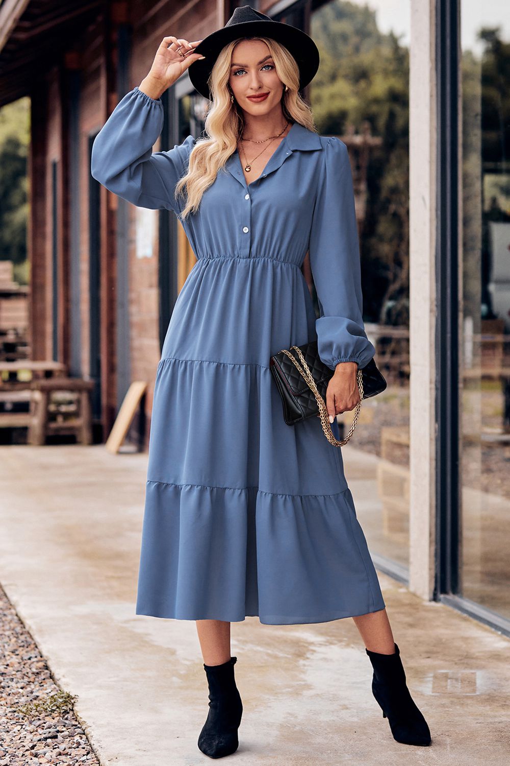 Collared Neck Long Sleeve Midi Dress - Guy Christopher