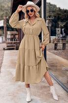 Collared Neck Long Sleeve Midi Dress - Guy Christopher