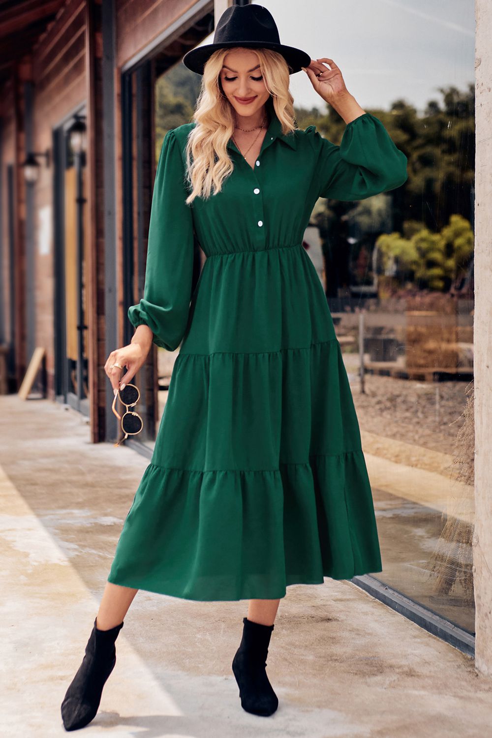 Collared Neck Long Sleeve Midi Dress - Guy Christopher