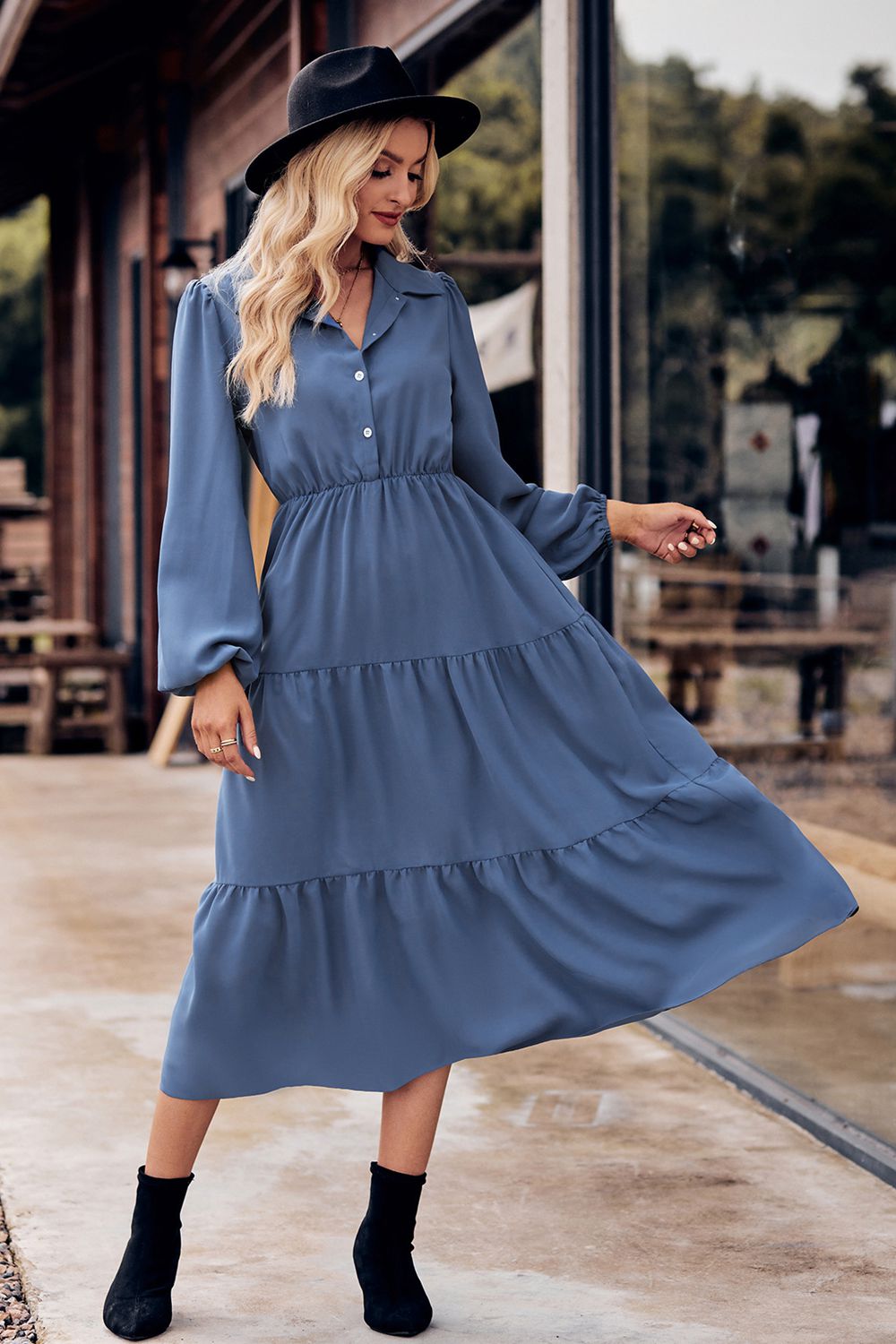 Collared Neck Long Sleeve Midi Dress - Guy Christopher