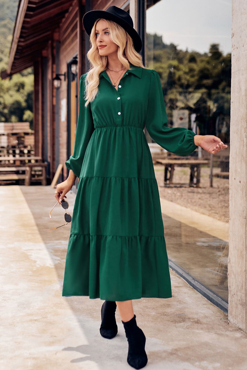 Collared Neck Long Sleeve Midi Dress - Guy Christopher