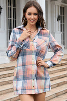 Collared Neck Long Sleeve Plaid Pocketed Shirt - Guy Christopher