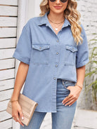 Collared Neck Short Sleeve Denim Jacket - Guy Christopher