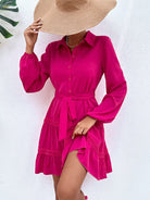 Collared Neck Tie Waist Buttoned Dress - Guy Christopher