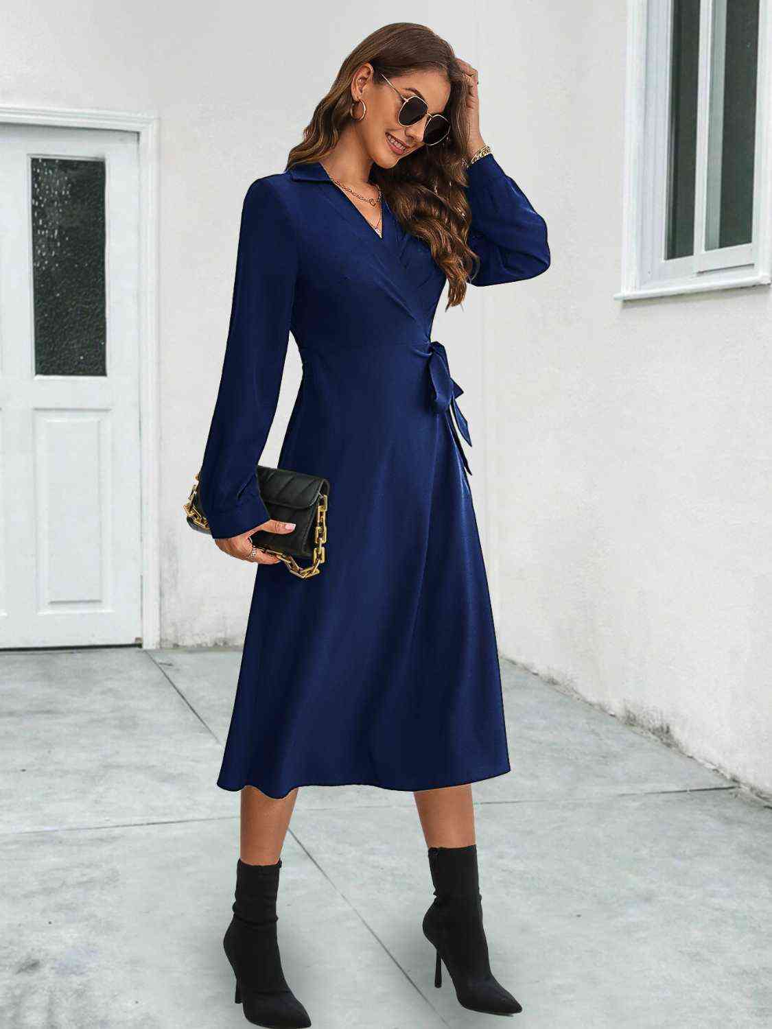 Collared Tied Long Sleeve Dress - Guy Christopher