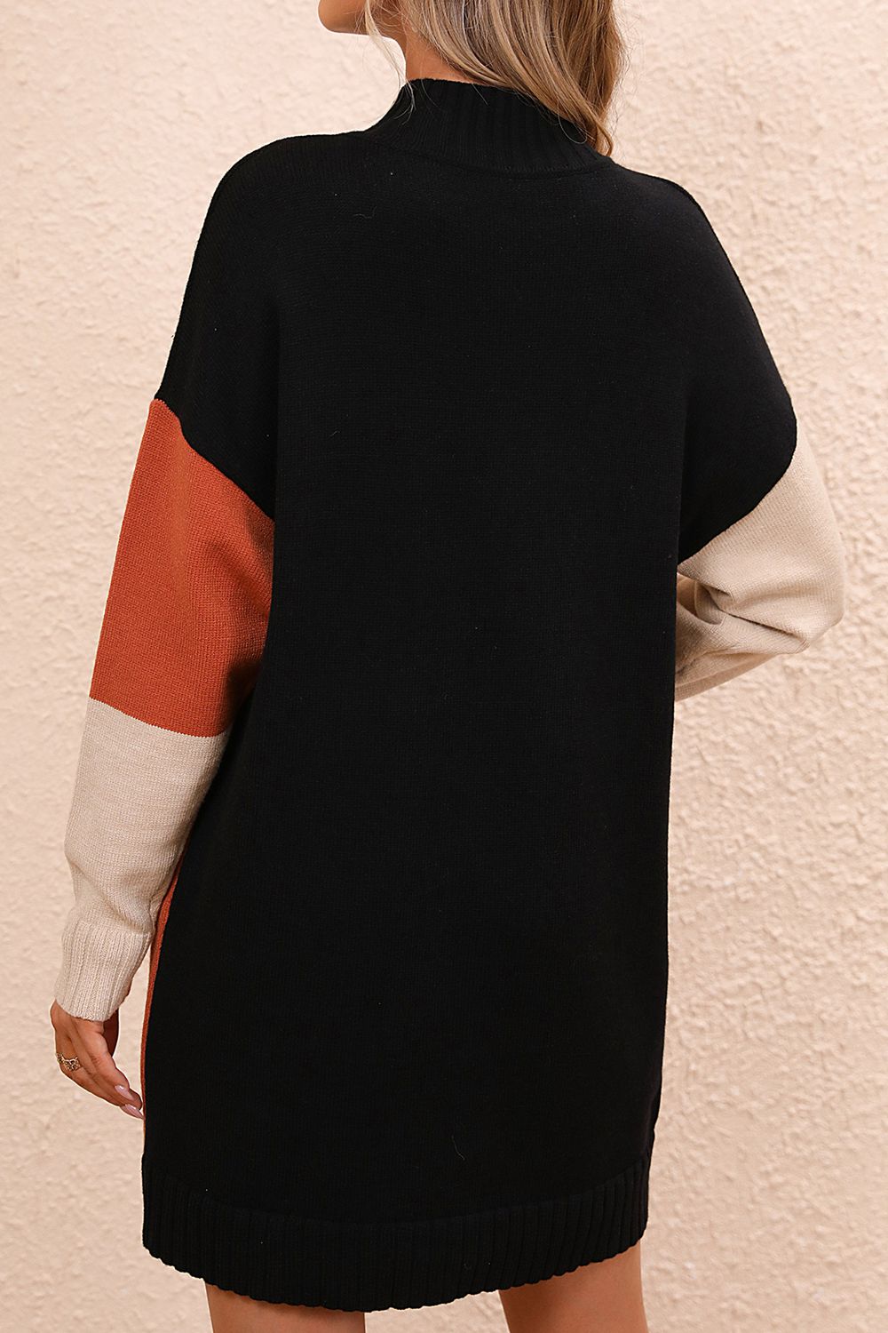 Color Block Mock Neck Dropped Shoulder Sweater Dress - Guy Christopher