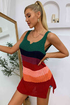 Color Block Notched Neck Slit Sweater Dress - Guy Christopher