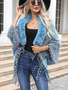 Color Block Open Front Fringe Hem Poncho - Guy Christopher