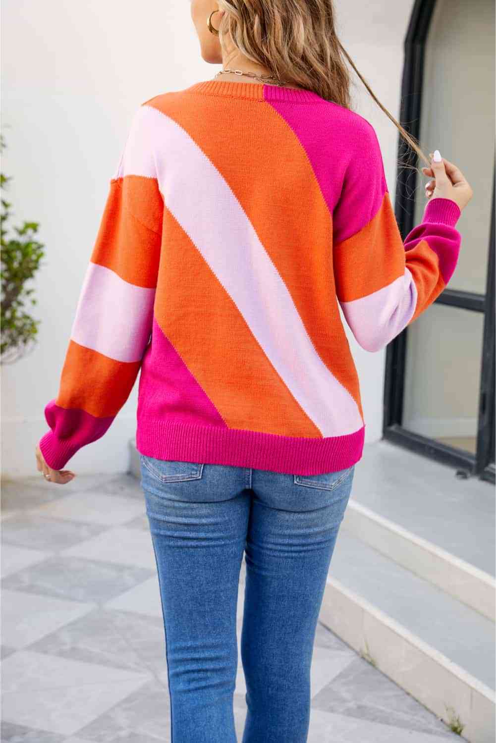 Color Block Ribbed Round Neck Sweater - Guy Christopher