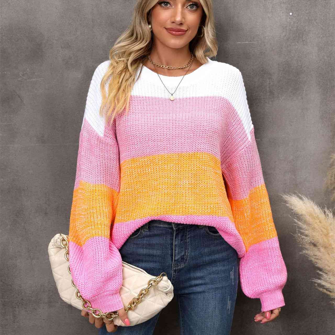 Color Block Round Neck Dropped Shoulder Sweater - Guy Christopher