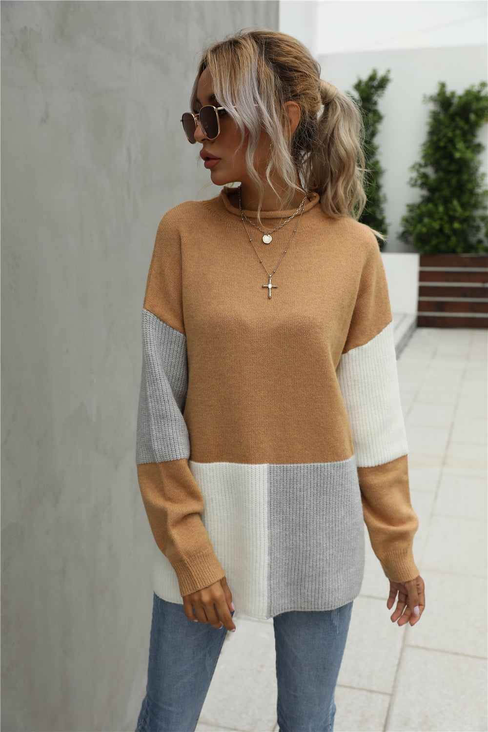 Color Block Round Neck Dropped Shoulder Sweater - Guy Christopher