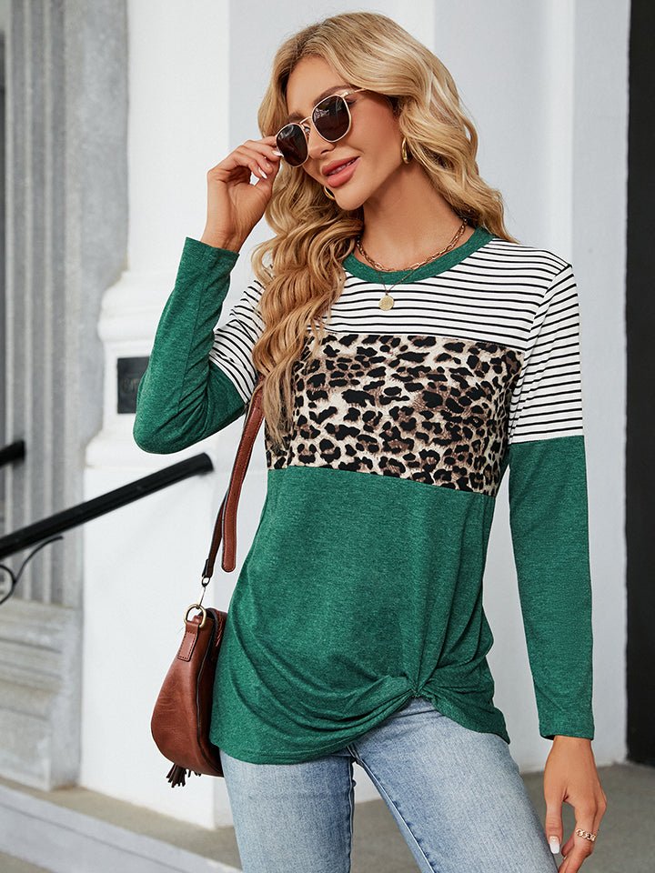 Color Block Round Neck Long Sleeve Blouse - Guy Christopher