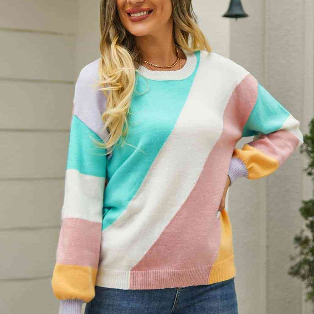 Color Block Round Neck Long Sleeve Sweater - Guy Christopher
