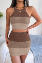 Color Block Sleeveless Crop Knit Top and Skirt Set - Guy Christopher
