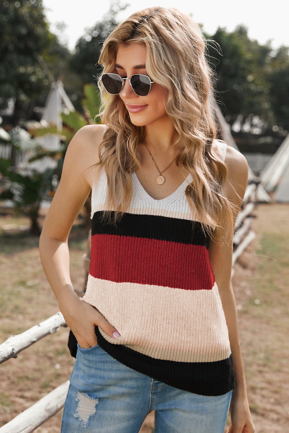 Color Block V-Neck Rib-Knit Tank - Guy Christopher