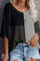 Color Block V-Neck Waffle-Knit Blouse - Guy Christopher