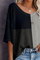 Color Block V-Neck Waffle-Knit Blouse - Guy Christopher