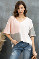 Color Block V-Neck Waffle-Knit Blouse - Guy Christopher