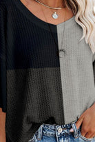 Color Block V-Neck Waffle-Knit Blouse - Guy Christopher