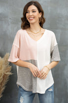 Color Block V-Neck Waffle-Knit Blouse - Guy Christopher