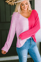 Contrast Color V-Neck Long Sleeve Pullover Sweater - Guy Christopher