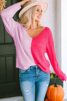 Contrast Color V-Neck Long Sleeve Pullover Sweater - Guy Christopher