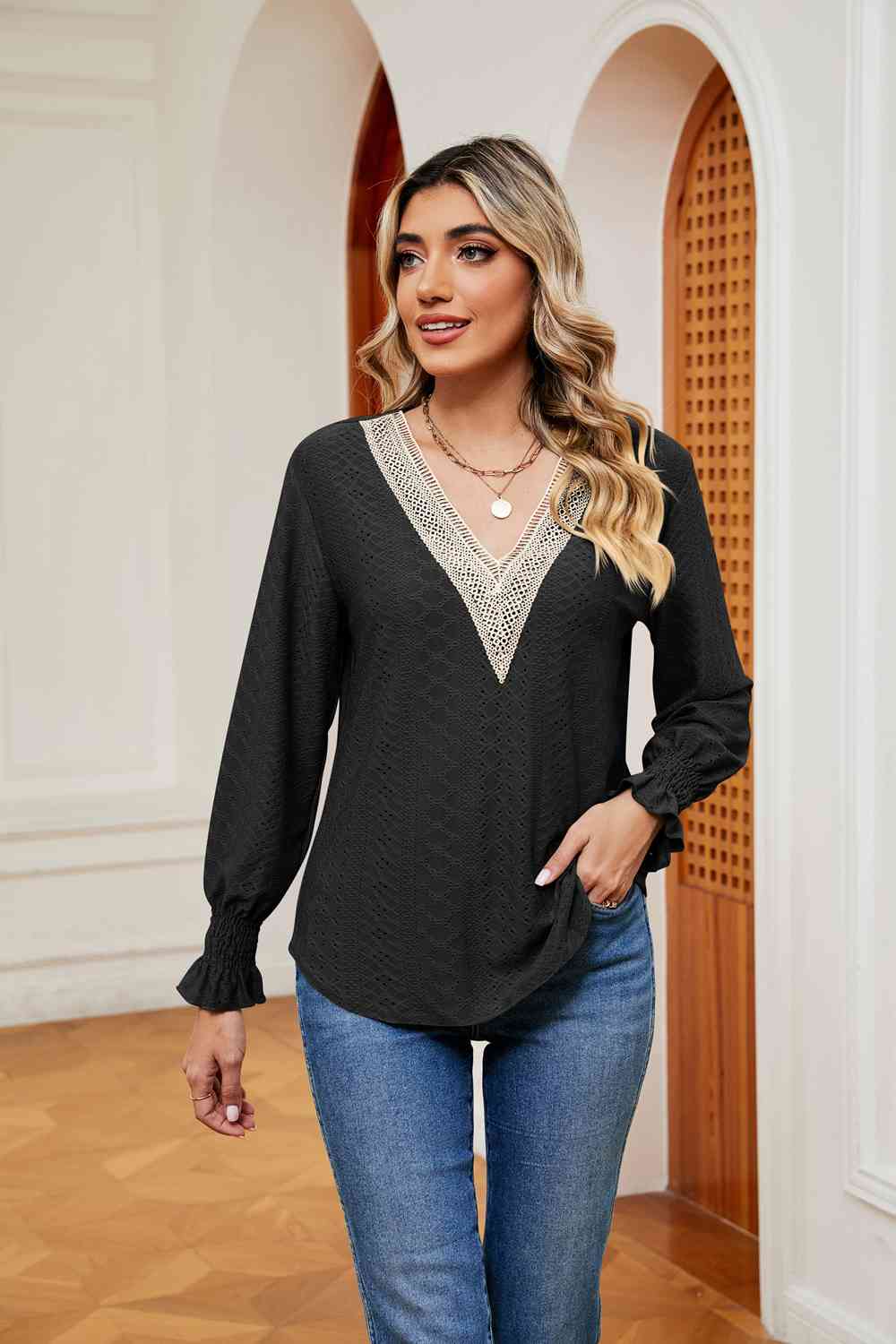 Contrast Flounce Sleeve Blouse - Guy Christopher