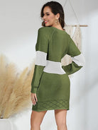 Contrast Openwork Long Sleeve Sweater Dress - Guy Christopher