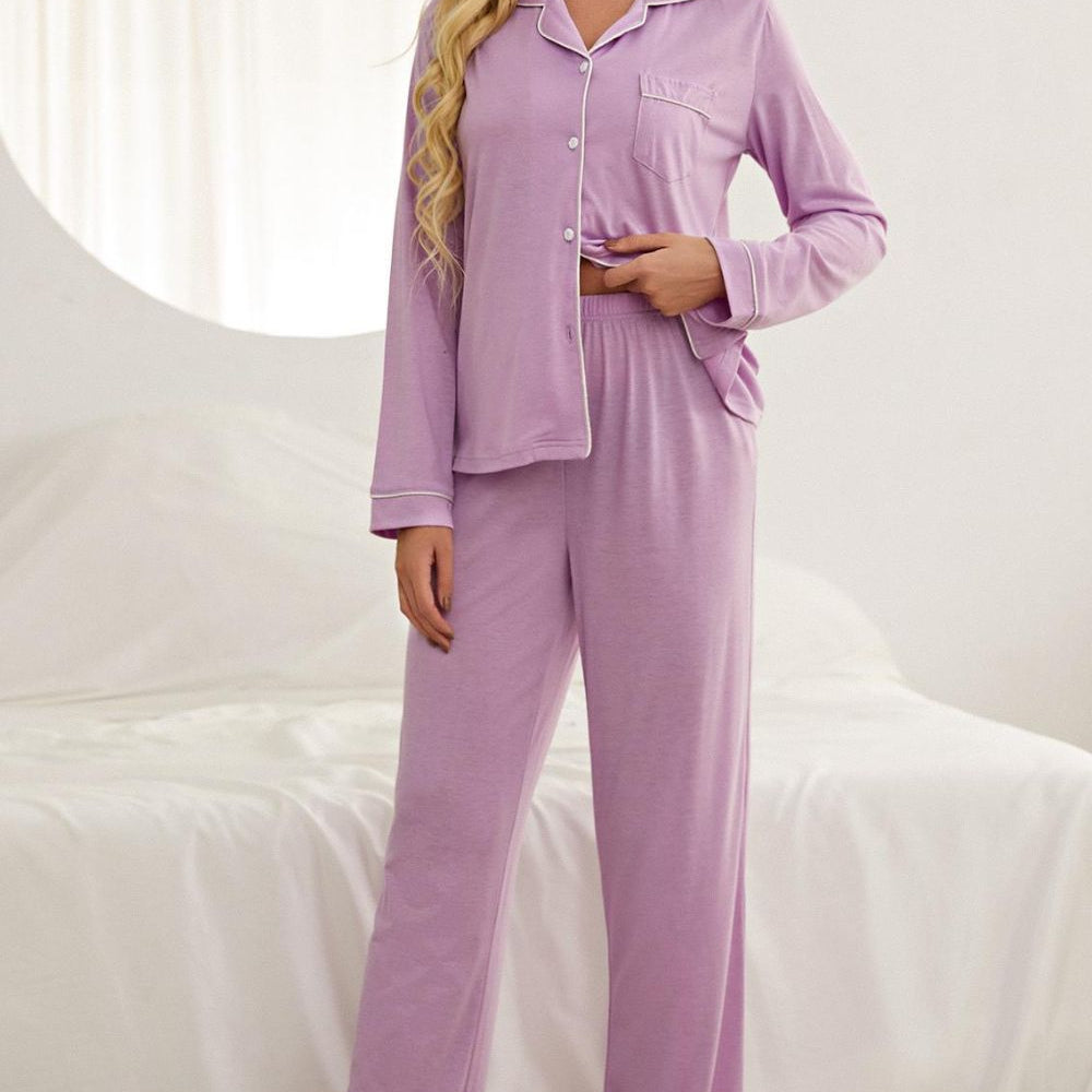 Contrast Piping Button Down Top and Pants Loungewear Set - Guy Christopher