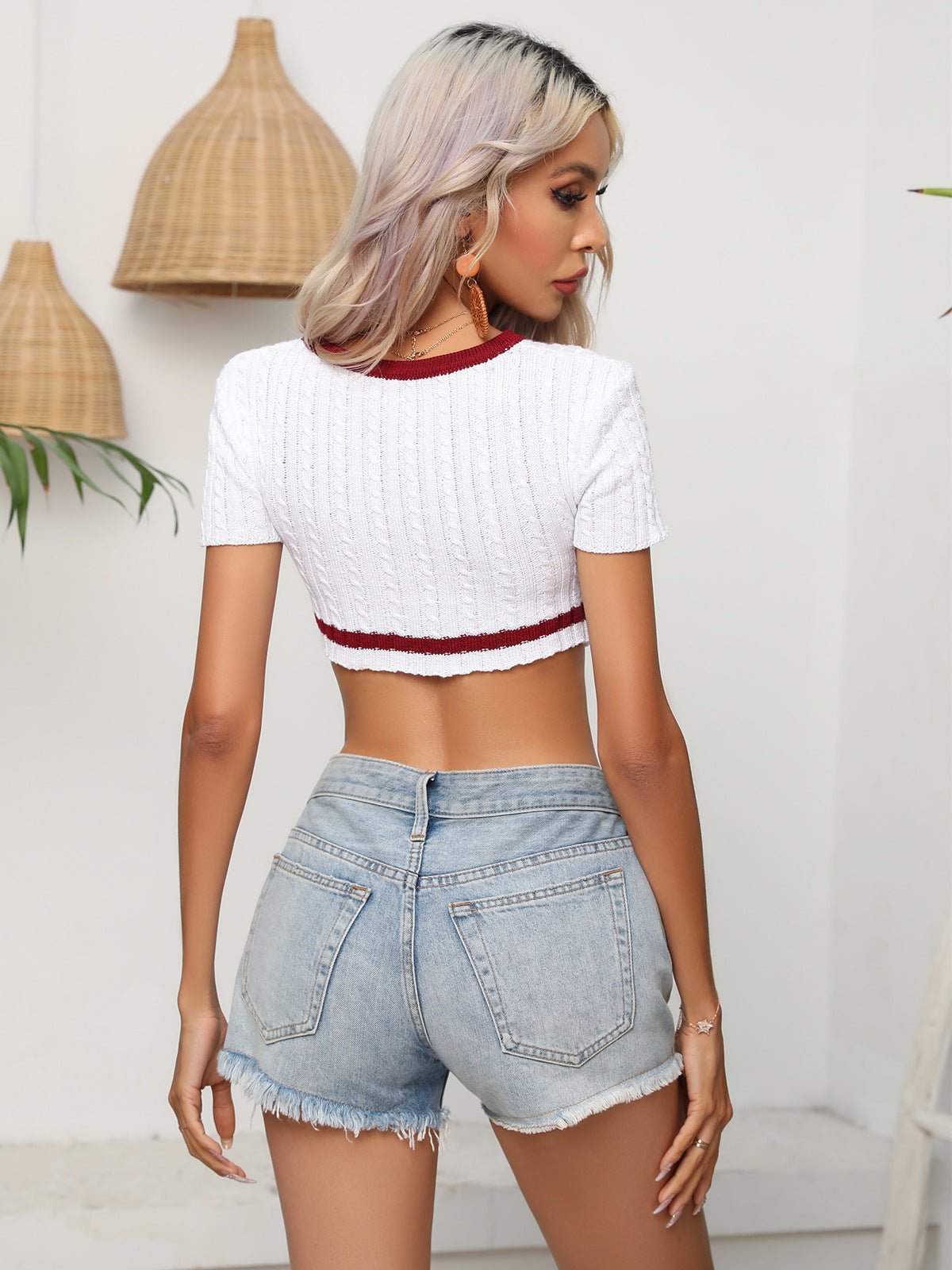 Contrast Round Neck Short Sleeve Cropped Knit Top - Guy Christopher