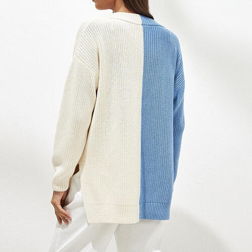 Contrast V-Neck Drop Shoulder Slit Sweater - Guy Christopher