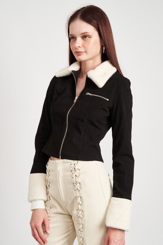 CONTRASTED COLLAR AND CUFF CROP JACKET - Guy Christopher
